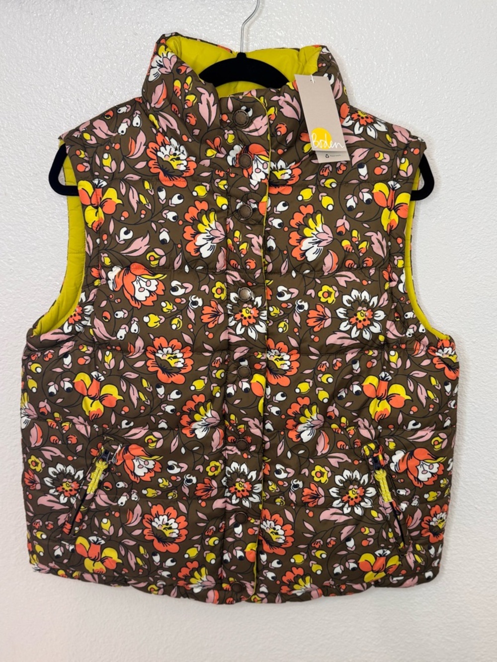 NWT Boden Reversible Puffer Vest Floral Khaki Neon Yellow - US 8 / Medium‎ - Picture 3 of 16